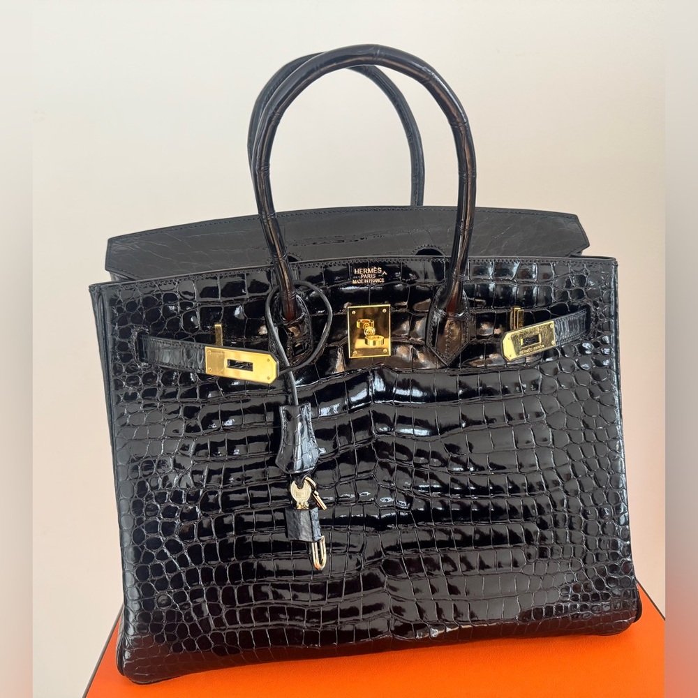 Hermès Birkin 35 – Shiny Porosus Crocodile, Black Box Dust Bag keys Clothette - Picture 16 of 16